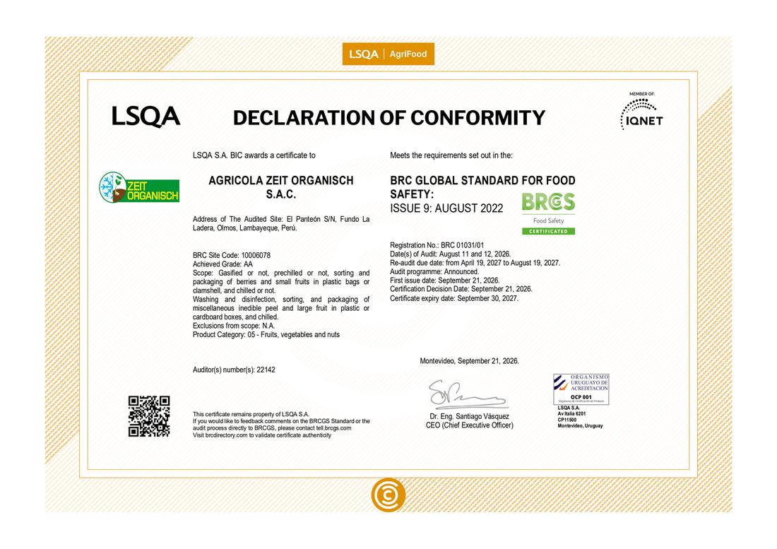 Certificado BRCGS de Agrícola Zeit Organisch