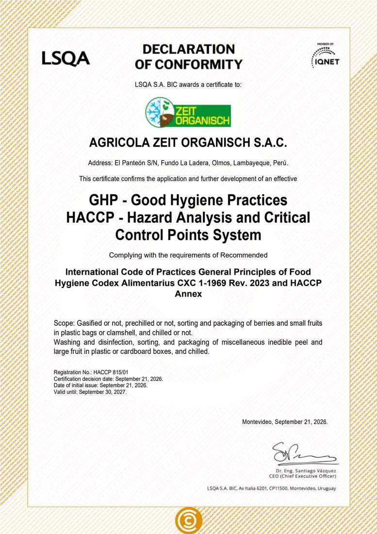 Certificado HACCP de Agrícola Zeit Organisch